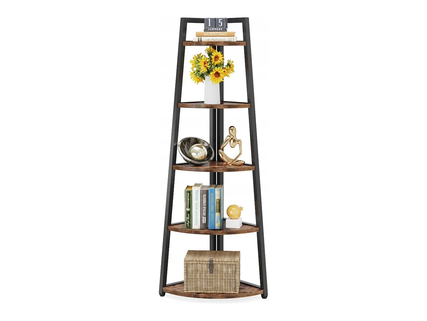 Best Tribesigns Estante de canto com 176 cm de altura - Estante de canto rústica com 5 níveis - Estante de canto industrial Castanho