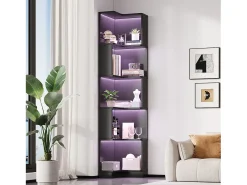 Online Merax Estante de canto moderna - 63,5 x 45 x 175 cm - com LEDs + 5 prateleiras - MDF - preta Preto