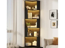 Online Merax Estante de canto moderna - 63,5 x 45 x 175 cm - com LEDs + 5 prateleiras - MDF - preta Preto