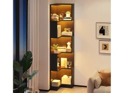 Online Merax Estante de canto moderna - 63,5 x 45 x 175 cm - com LEDs + 5 prateleiras - MDF - preta Preto