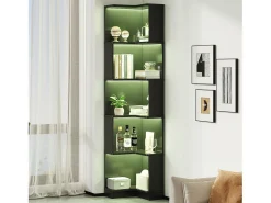 Online Merax Estante de canto moderna - 63,5 x 45 x 175 cm - com LEDs + 5 prateleiras - MDF - preta Preto