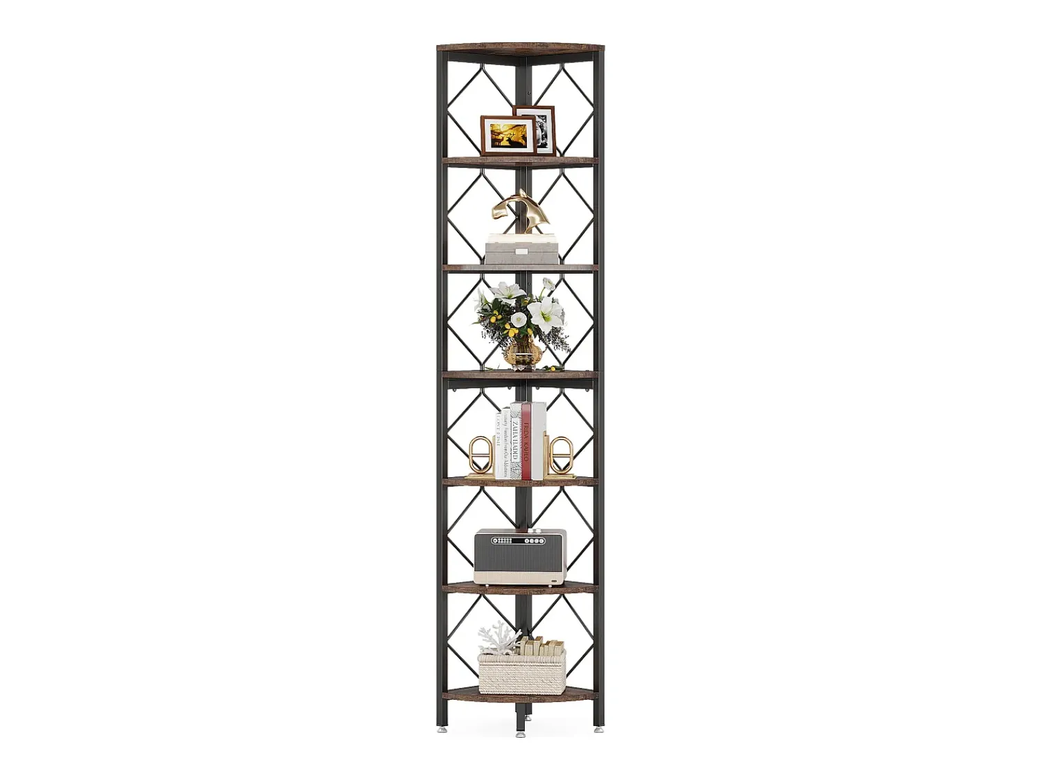 Clearance Tribesigns Estante de canto ultra - alta com 7 níveis, estante de canto industrial refinada para pequenos espaços apertados Castanho