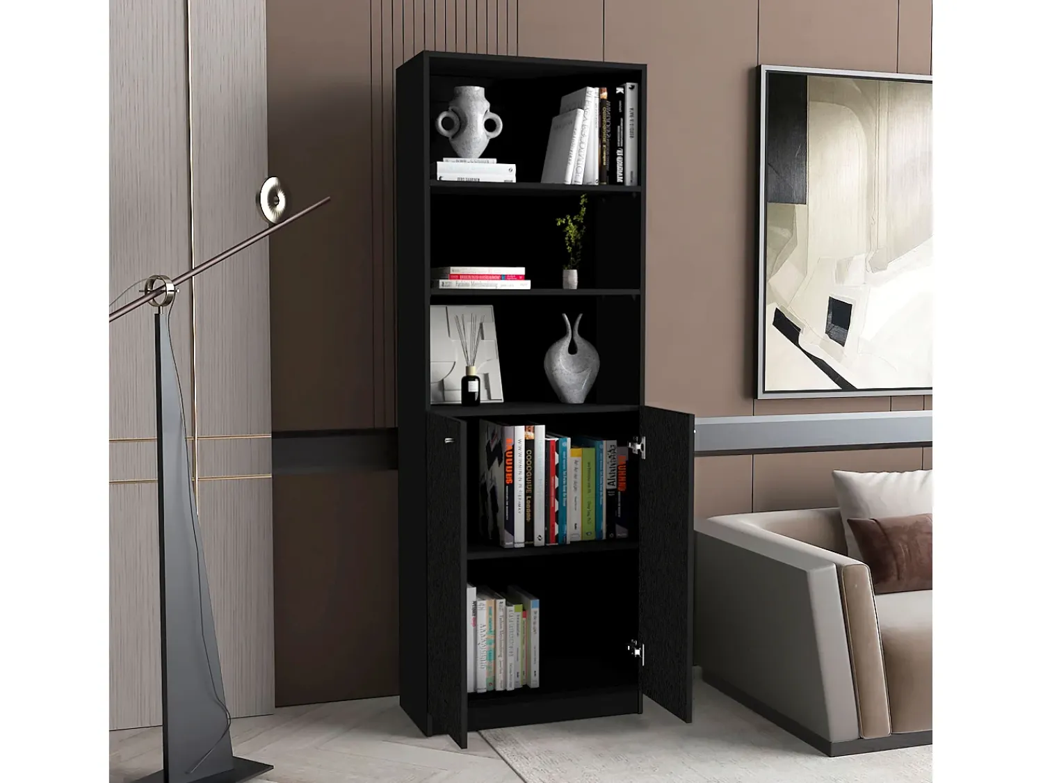 Prateleira|TuHome Estante de casa de banho em melamina com armário inferior e 3 prateleiras exteriores , 180.59 cm X 62.78 cm X 29.89 cm , Preto