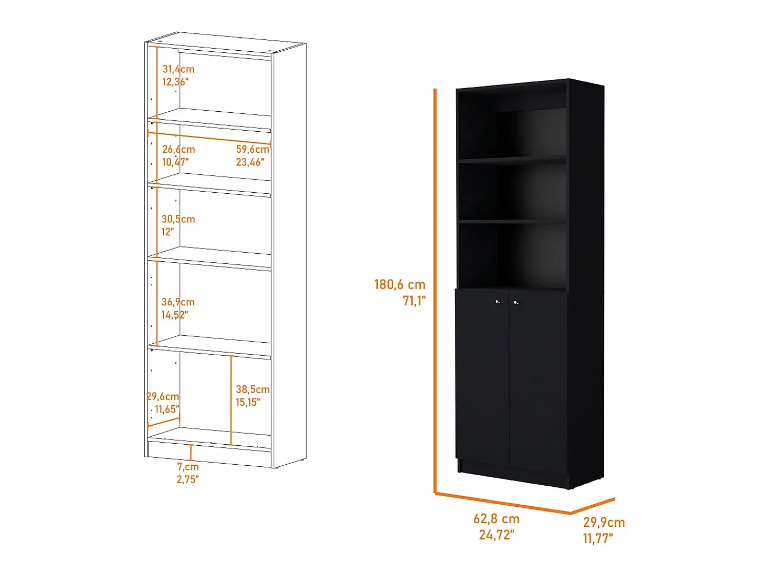 Prateleira|TuHome Estante de casa de banho em melamina com armário inferior e 3 prateleiras exteriores , 180.59 cm X 62.78 cm X 29.89 cm , Preto