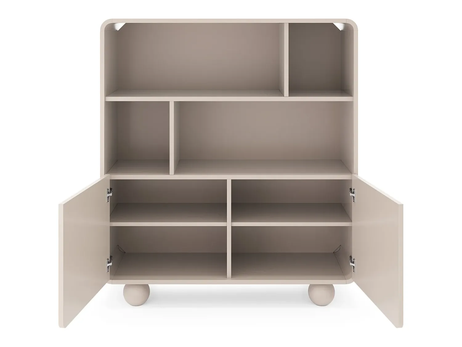 Estante de caxemira com prateleiras e armário – Design moderno, pernas em formato de bola, 108 x 121 x 39 cm^ Biblioteca