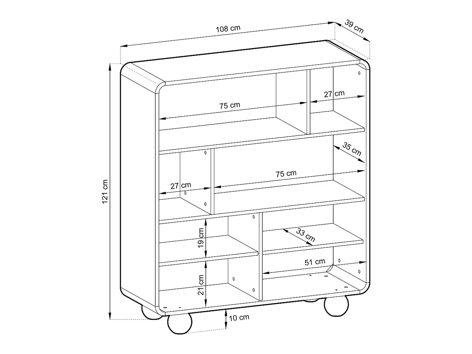 Estante de caxemira com prateleiras e armário – Design moderno, pernas em formato de bola, 108 x 121 x 39 cm^ Biblioteca