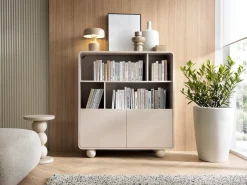Estante de caxemira com prateleiras e armário – Design moderno, pernas em formato de bola, 108 x 121 x 39 cm^ Biblioteca