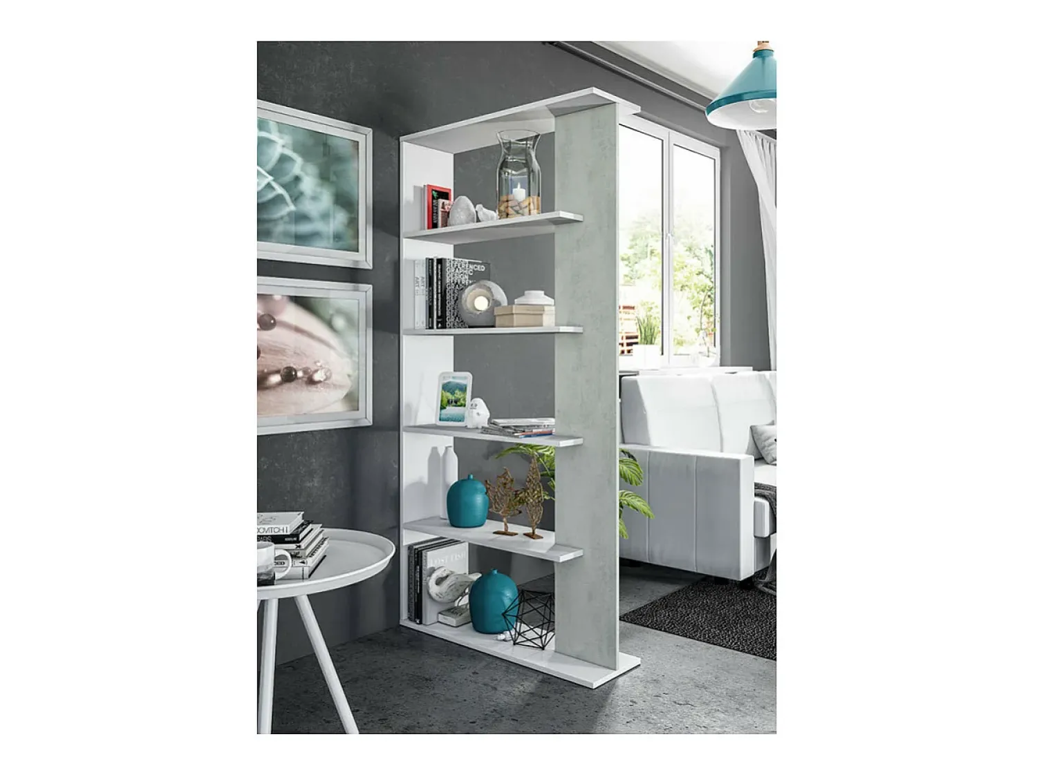 Biblioteca*Loungitude Estante de cimento/branco com 5 prateleiras individuais, 90x25x180 cm Cinzento claro