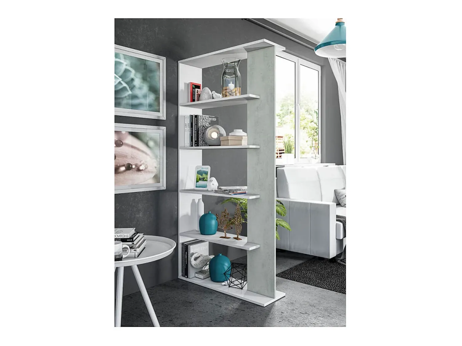 Biblioteca*Loungitude Estante de cimento/branco com 5 prateleiras individuais, 90x25x180 cm Cinzento claro