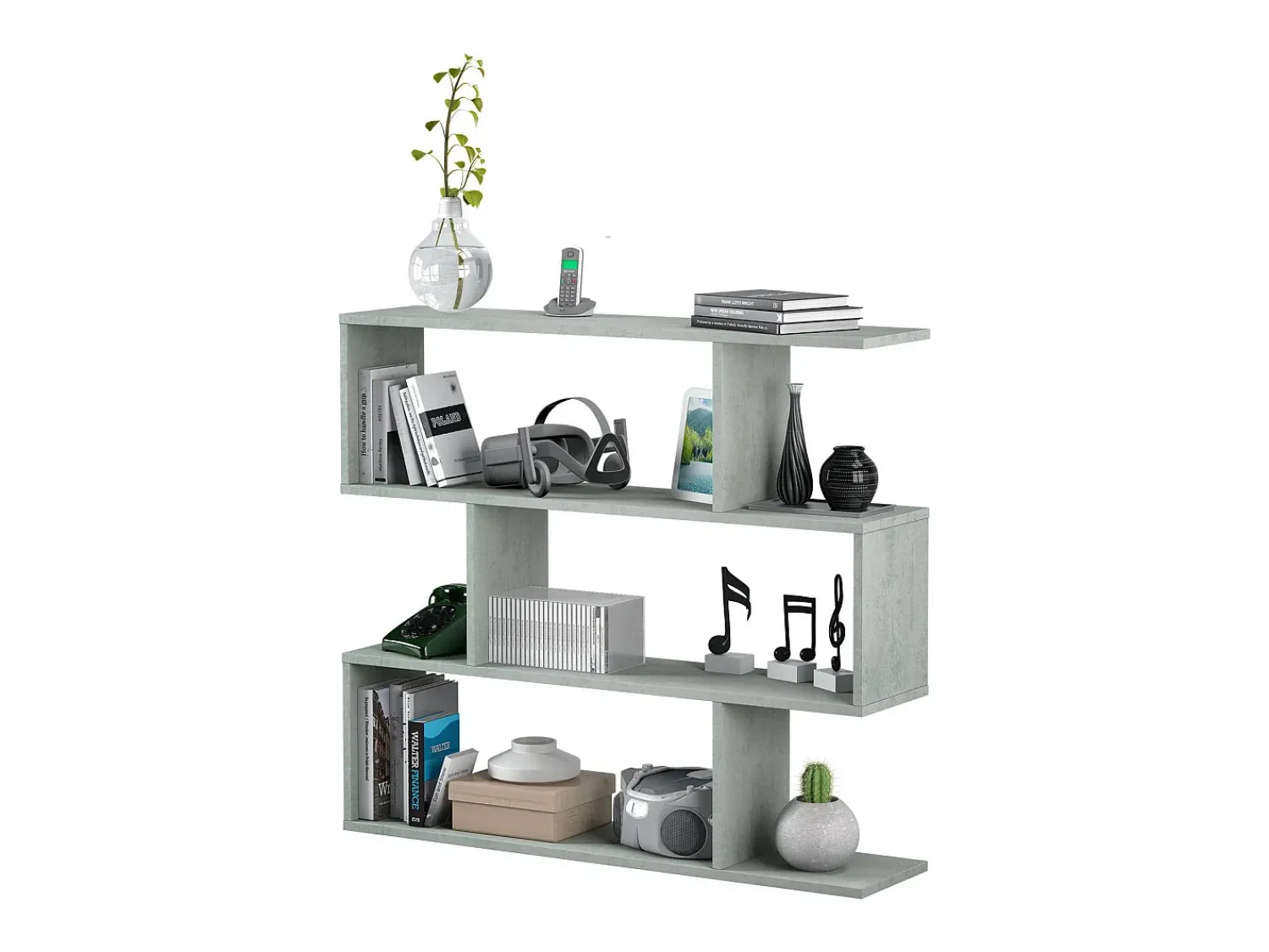 Clearance Dmora Estante Dfanes, Estante baixa dupla face, Prateleira com três compartimentos, Estante de escritório moderna, 110x24h97 cm, Cinza concreto Cinzento