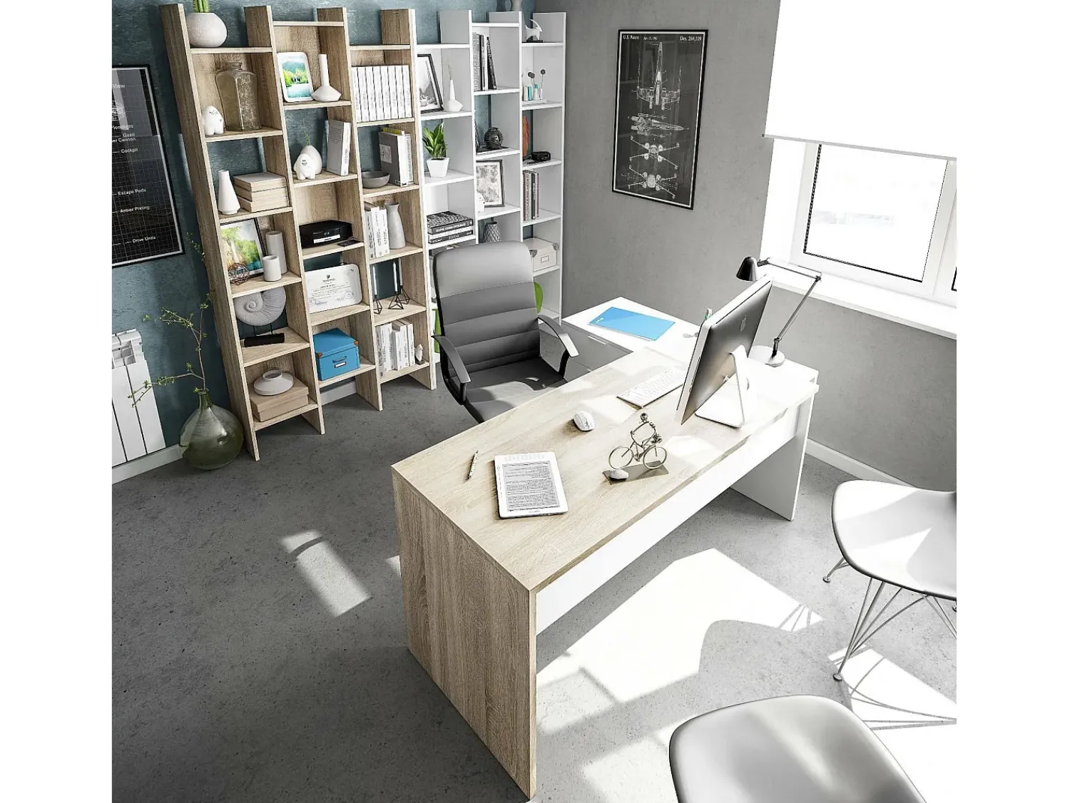 Biblioteca|Dmora Estante Dmanis, Estante com 18 prateleiras, Prateleira com compartimentos quadrados, Estante de escritório moderna, 96x29h192 cm, Branco