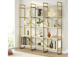 Dmora Estante Dpezzott, Estante de escritório, Estante de livros, Biblioteca, 170x30h175 cm, e Dourado^ Prateleira