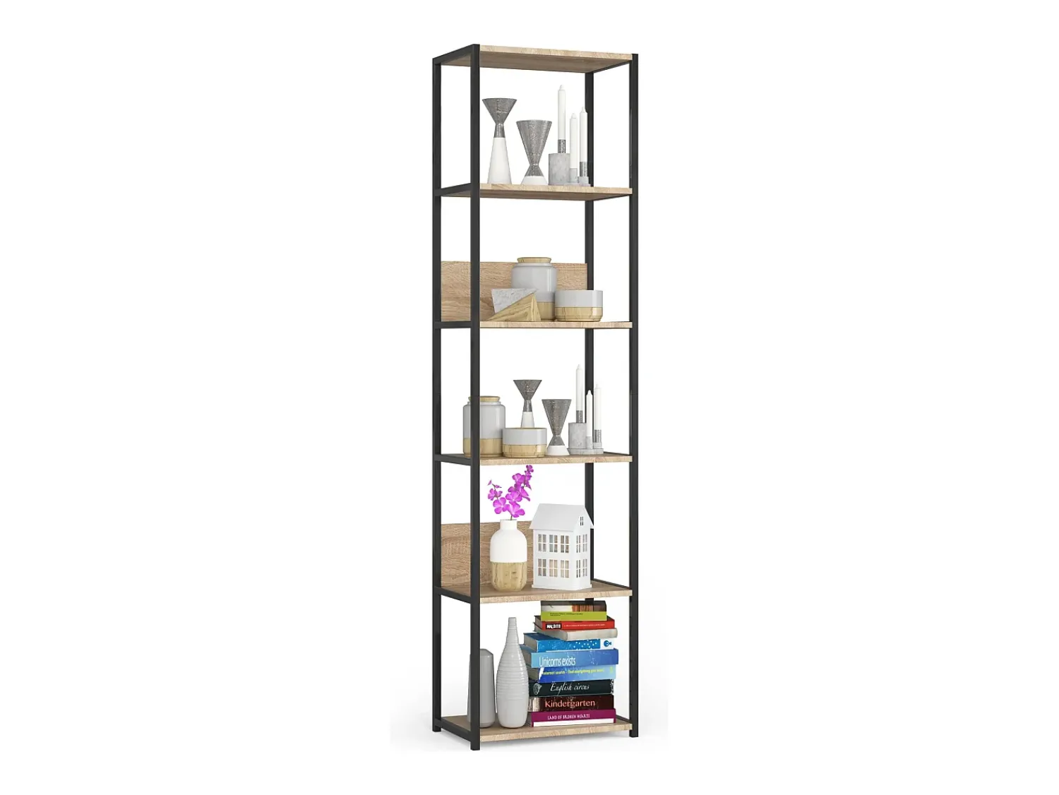 Prateleira*Akord Estante estilo loft com prateleiras de madeira 50 cm Preto, Carvalho Sonoma 50x32x192 cm Preto / Natural claro