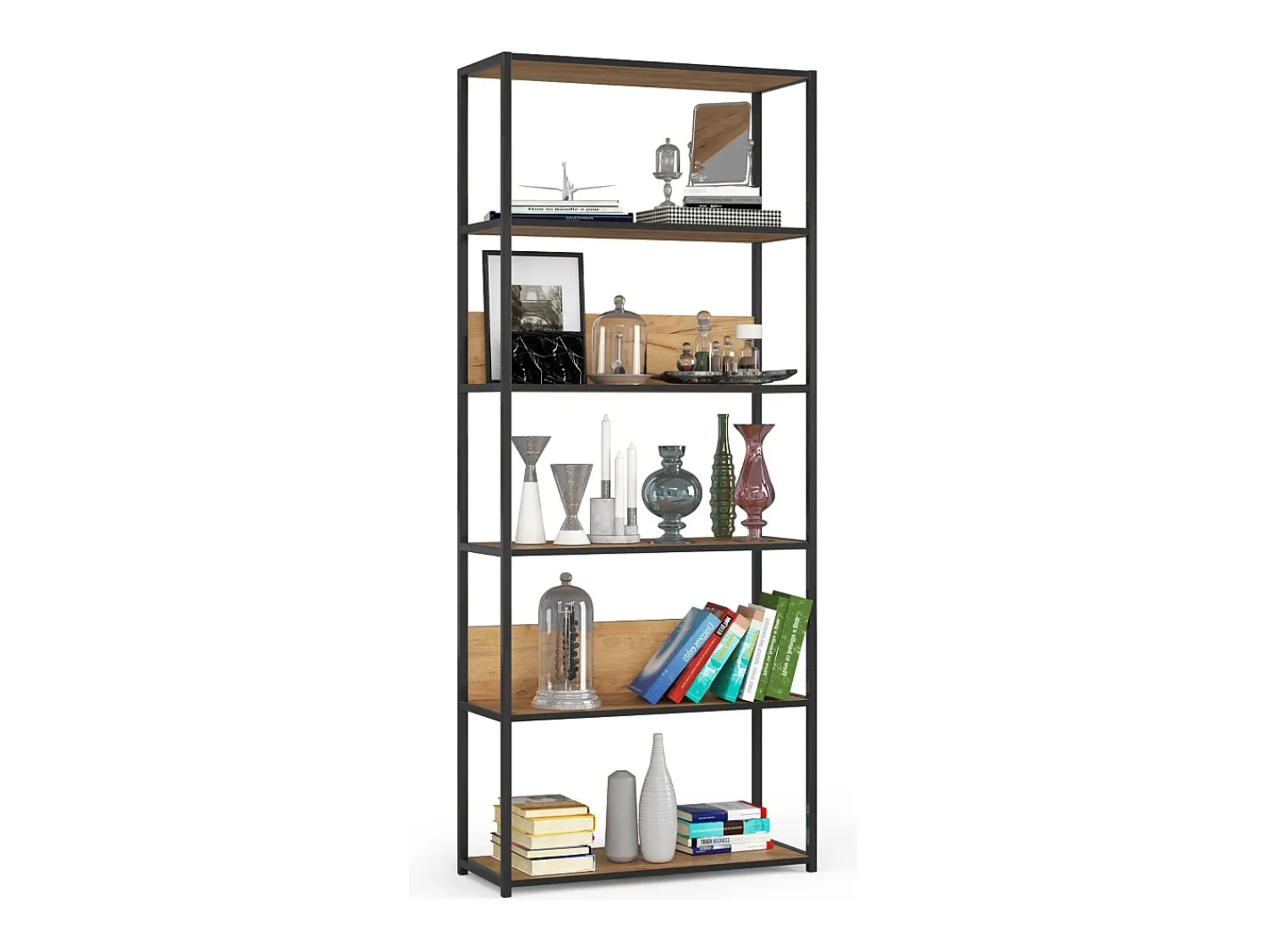 Akord Estante estilo loft com prateleiras de madeira 80 cm Preto, Carvalho Craft 80x32x192 cm^ Prateleira