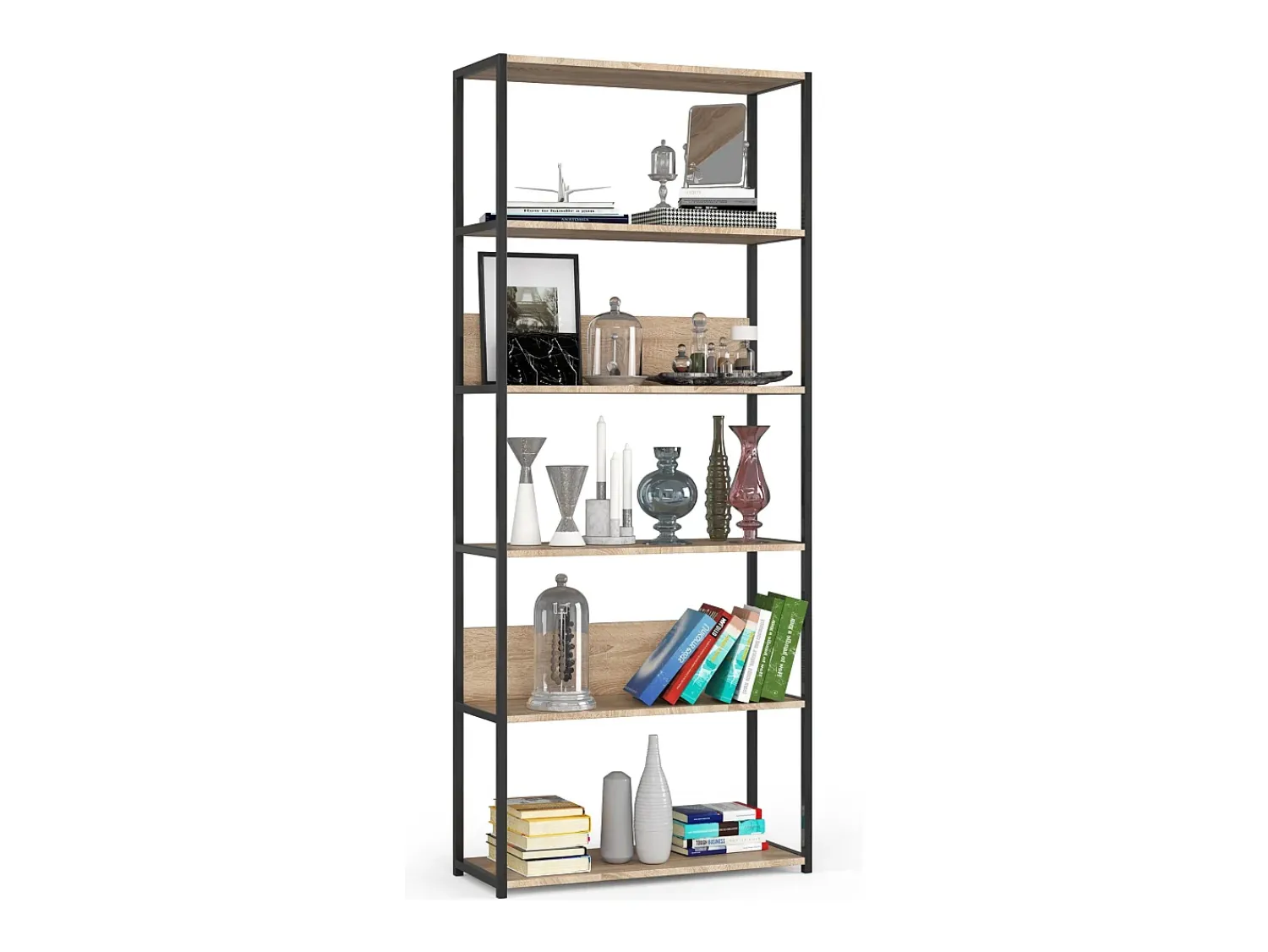 Akord Estante estilo loft com prateleiras de madeira 80 cm Preto, Carvalho Sonoma 80x32x192 cm^ Prateleira