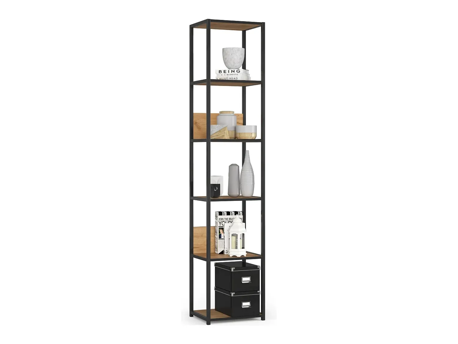 Outlet Akord Estante estilo loft com prateleiras de madeira 40 cm Preto, Carvalho Craft 40x32x192 cm Preto / Natural claro