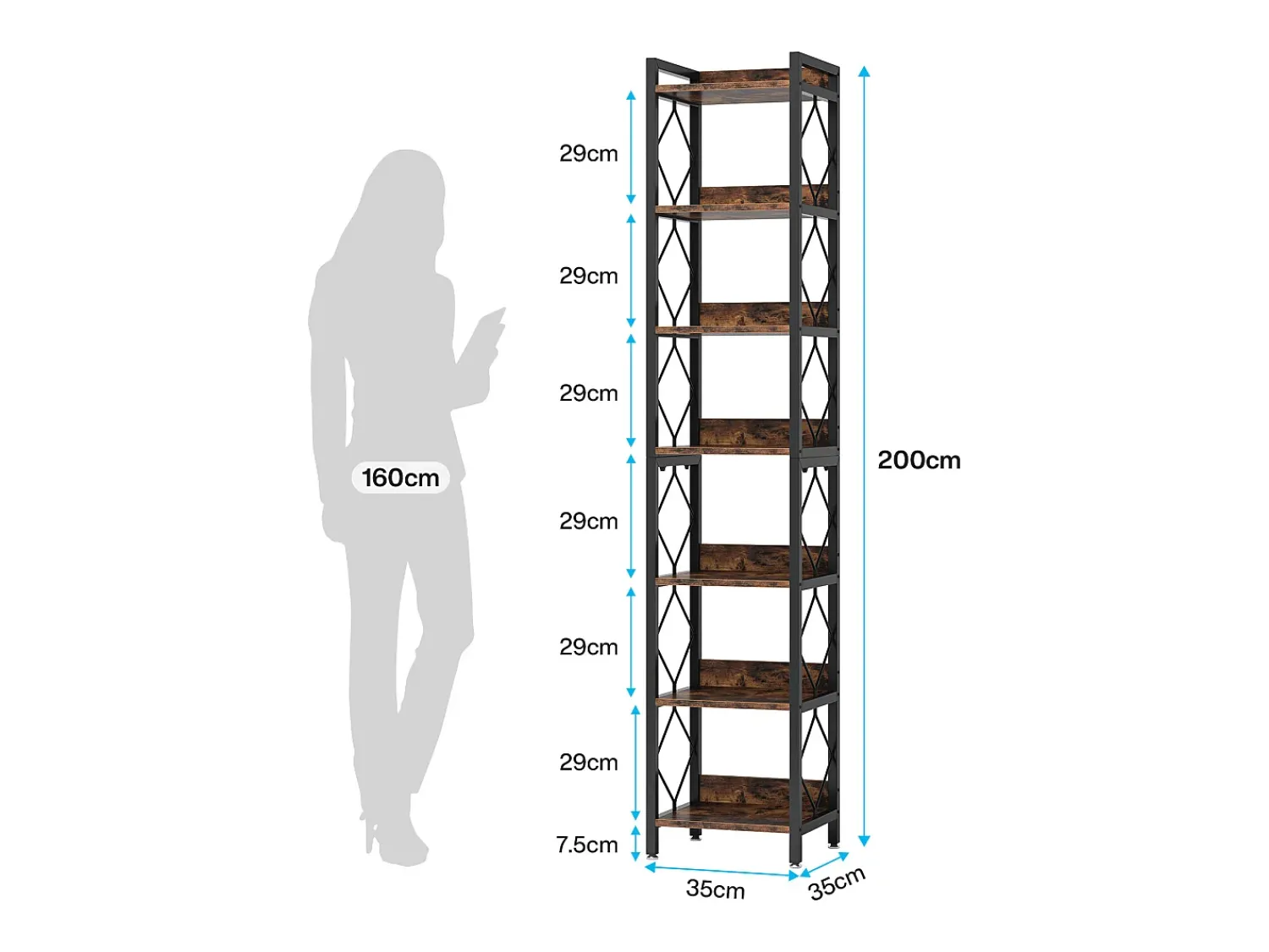 Biblioteca*Tribesigns Estante estreita Extra Alta de 200 cm, estante Fina com 7 níveis para pequenos espaços, prateleiras independentes, Marrom Rústico Castanho