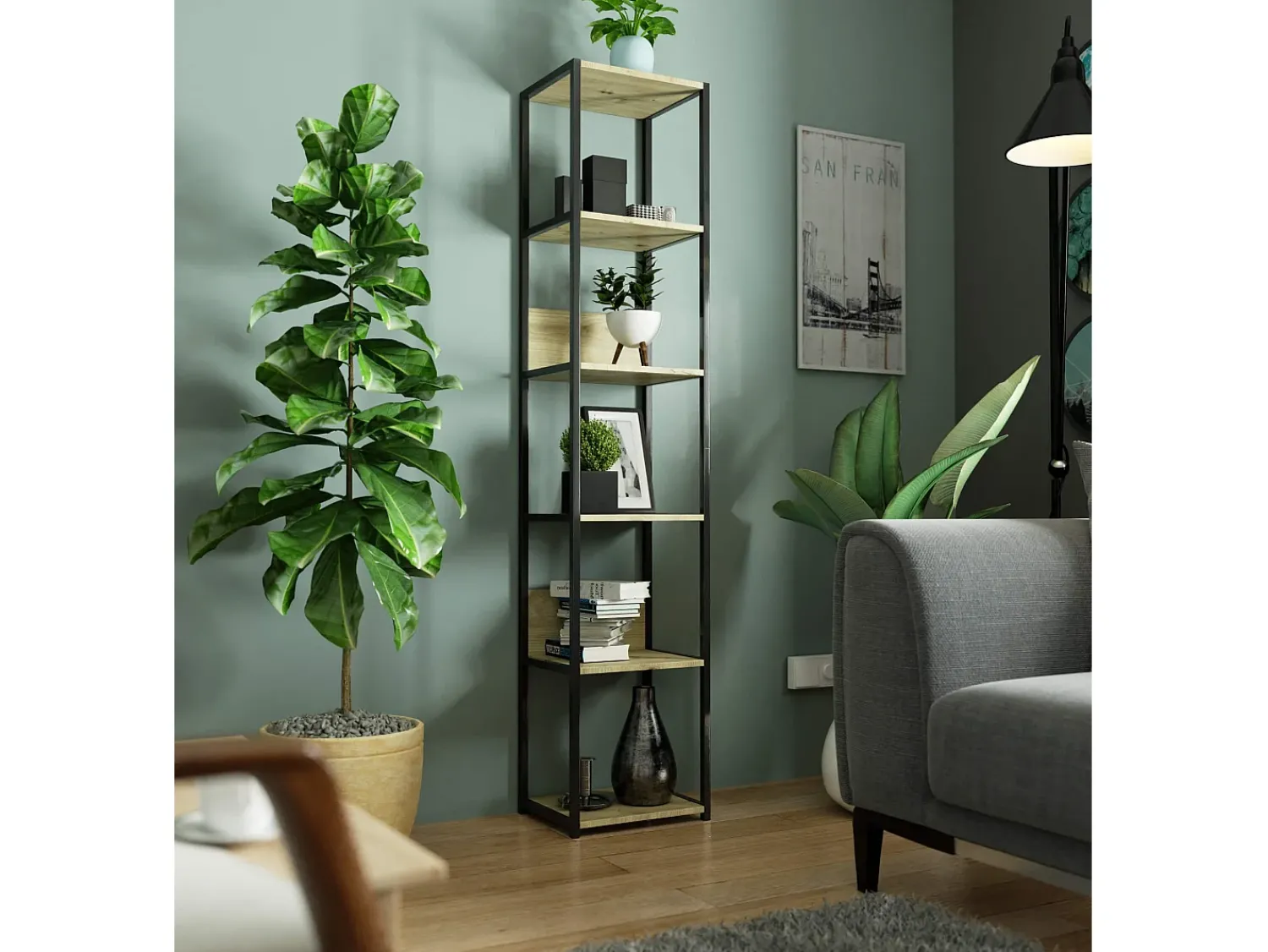 Akord Estante Industrial Loft Preta/Carvalho Artisan 40 cm^ Prateleira