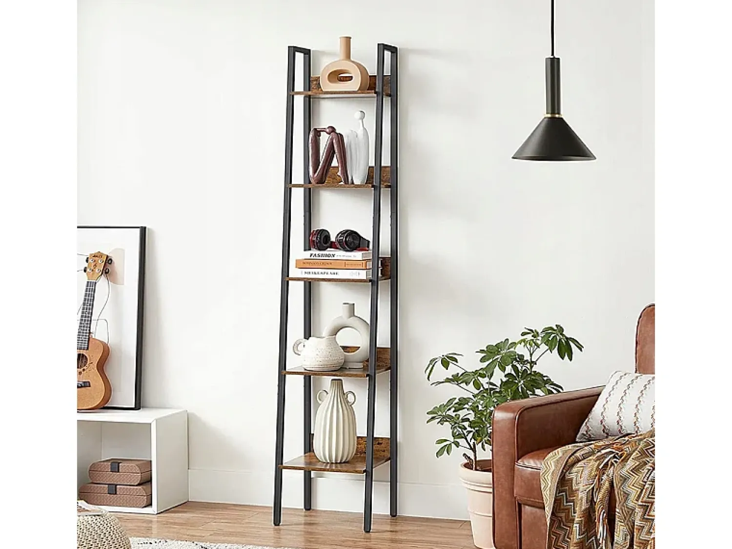 Estante industrial preta com 5 prateleiras escada para livros loft modern^ Prateleira