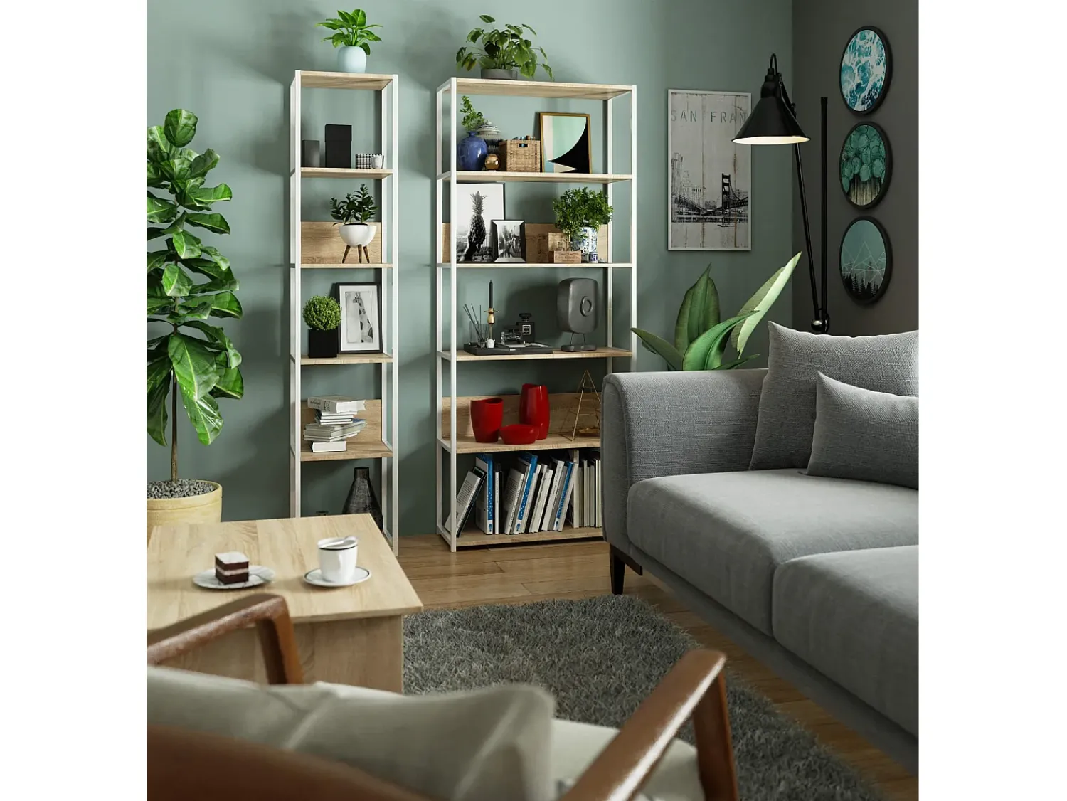Prateleira|Akord Estante Loft Metálica 80 cm - Branco/Carvalho Sonoma - 6 Prateleiras Natural claro / Branco