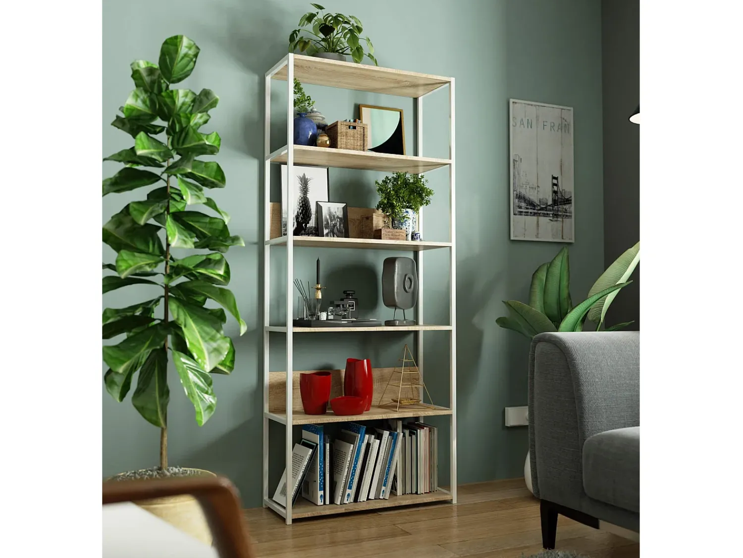 Prateleira|Akord Estante Loft Metálica 80 cm - Branco/Carvalho Sonoma - 6 Prateleiras Natural claro / Branco