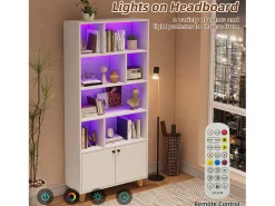 Sale Merax Estante moderna - 80 x 30 x 173 cm - com vários espaços de armazenamento + 2 portas + LEDs - Madeira maciça + MDF - Branco