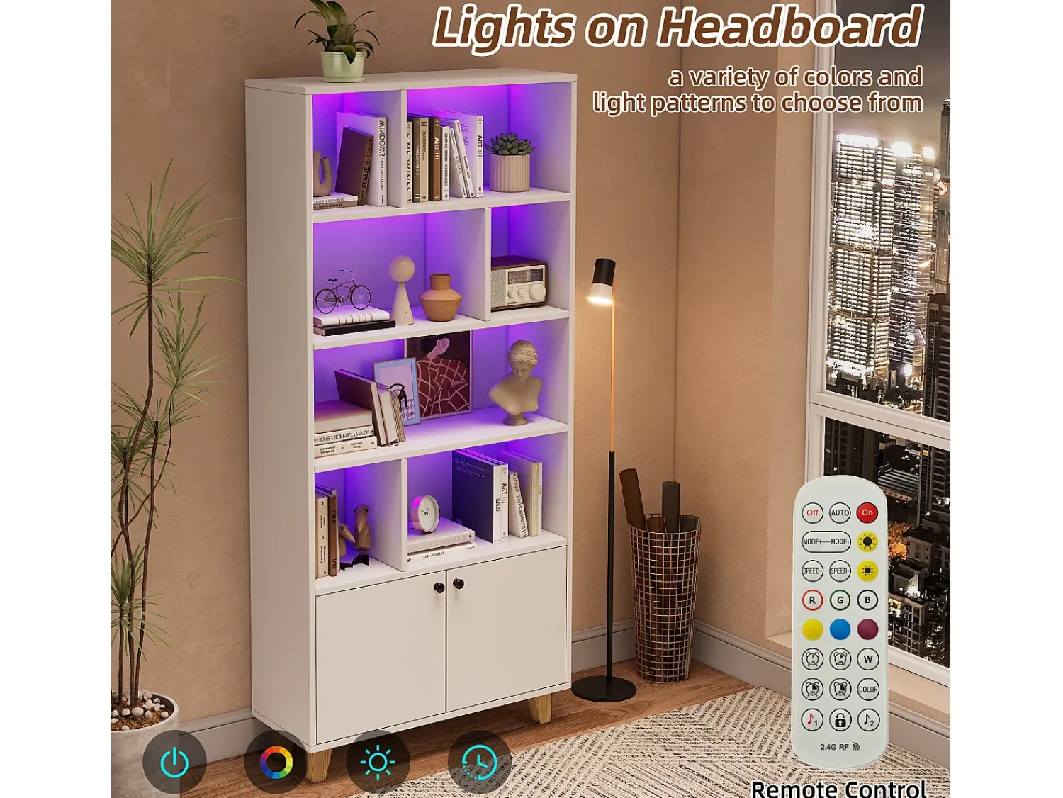 Sale Merax Estante moderna - 80 x 30 x 173 cm - com vários espaços de armazenamento + 2 portas + LEDs - Madeira maciça + MDF - Branco