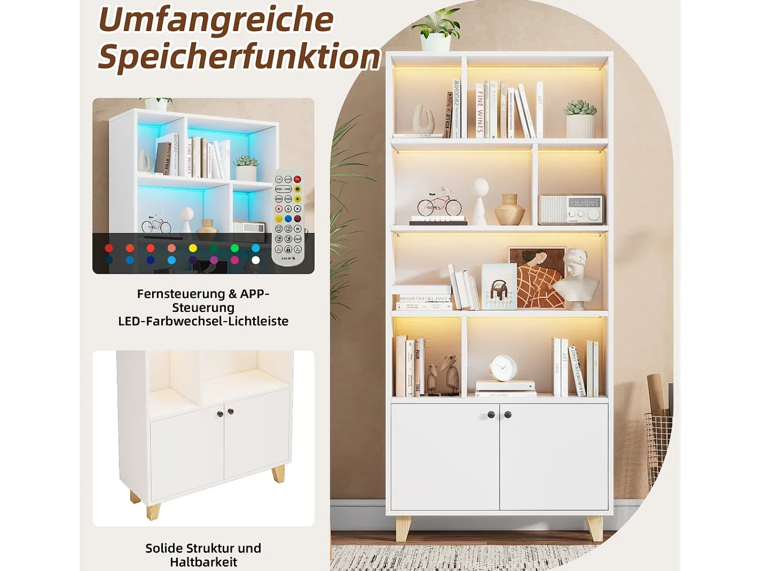 Sale Merax Estante moderna - 80 x 30 x 173 cm - com vários espaços de armazenamento + 2 portas + LEDs - Madeira maciça + MDF - Branco