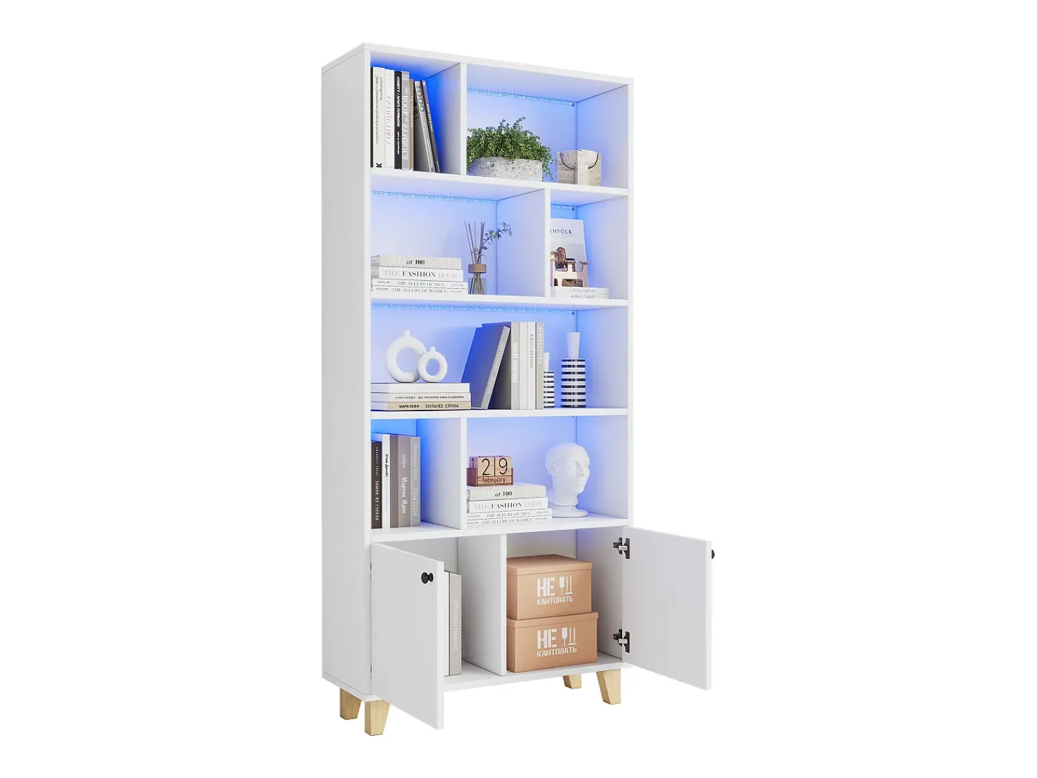 Sale Merax Estante moderna - 80 x 30 x 173 cm - com vários espaços de armazenamento + 2 portas + LEDs - Madeira maciça + MDF - Branco