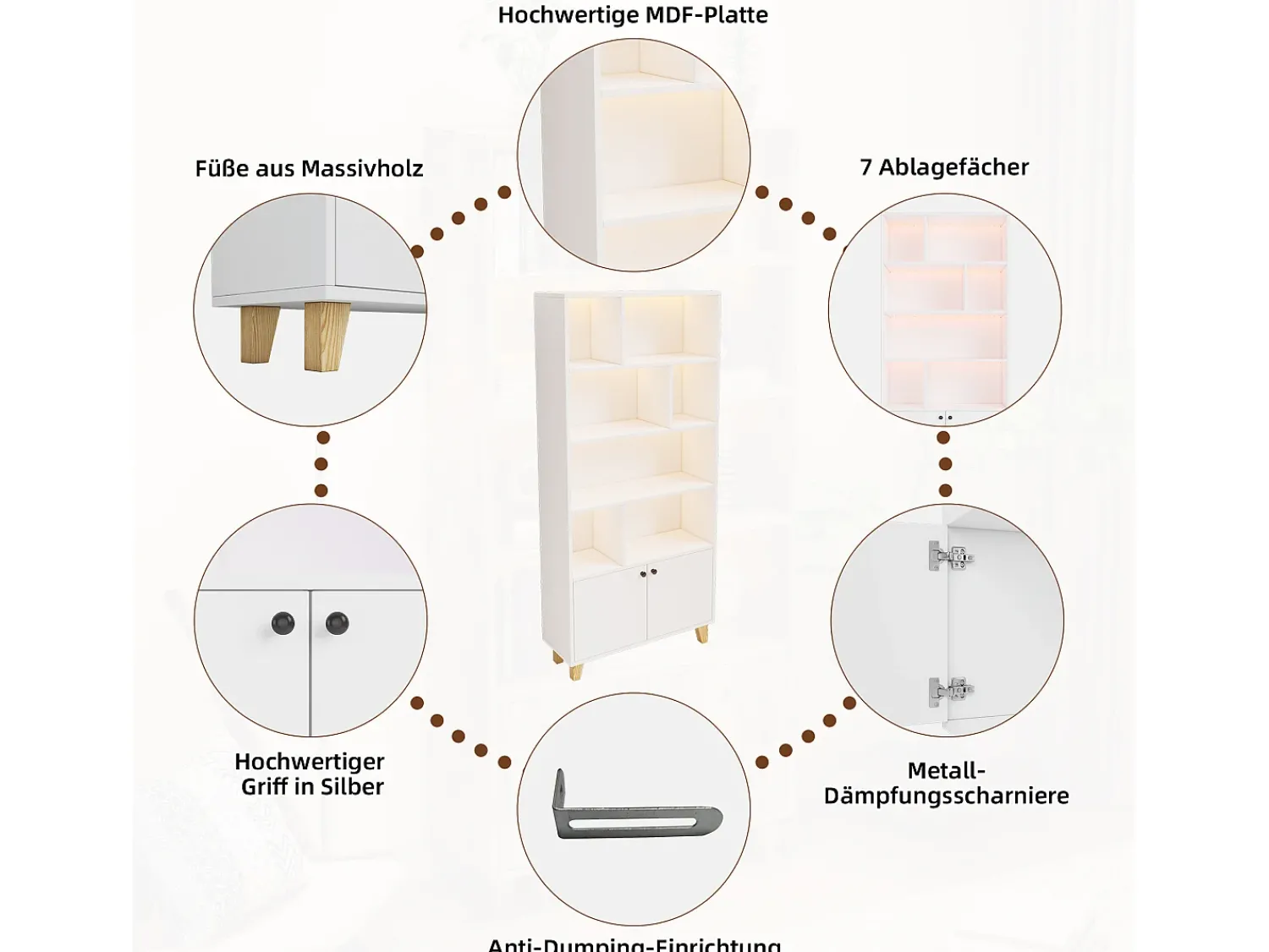 Sale Merax Estante moderna - 80 x 30 x 173 cm - com vários espaços de armazenamento + 2 portas + LEDs - Madeira maciça + MDF - Branco
