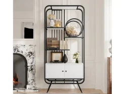 ModernLuxe Estante moderna em metal 80×30×180 cm - móvel com 2 portas - 3 prateleiras - decoração circular - branco +^ Biblioteca