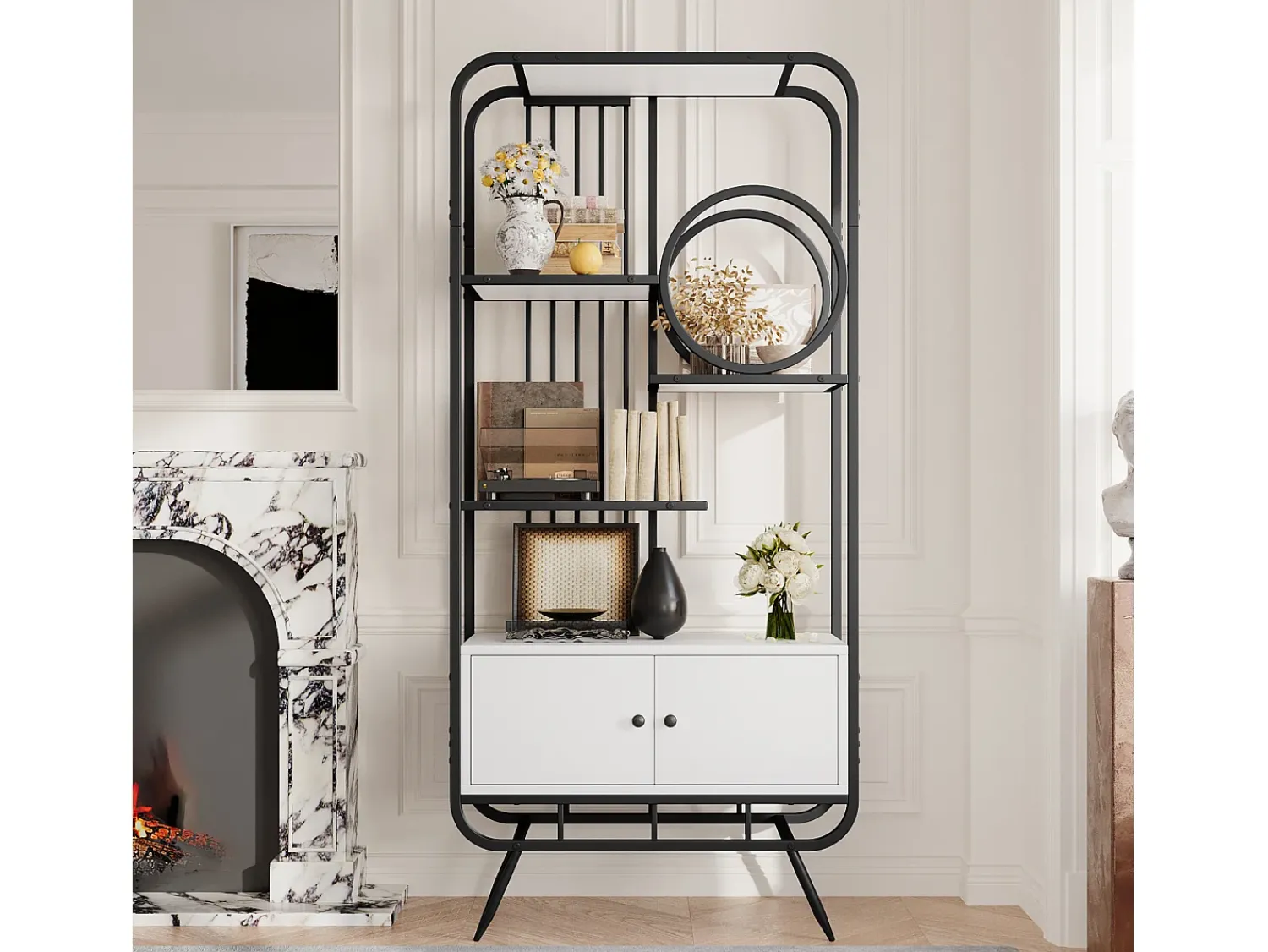 ModernLuxe Estante moderna em metal 80×30×180 cm - móvel com 2 portas - 3 prateleiras - decoração circular - branco +^ Biblioteca