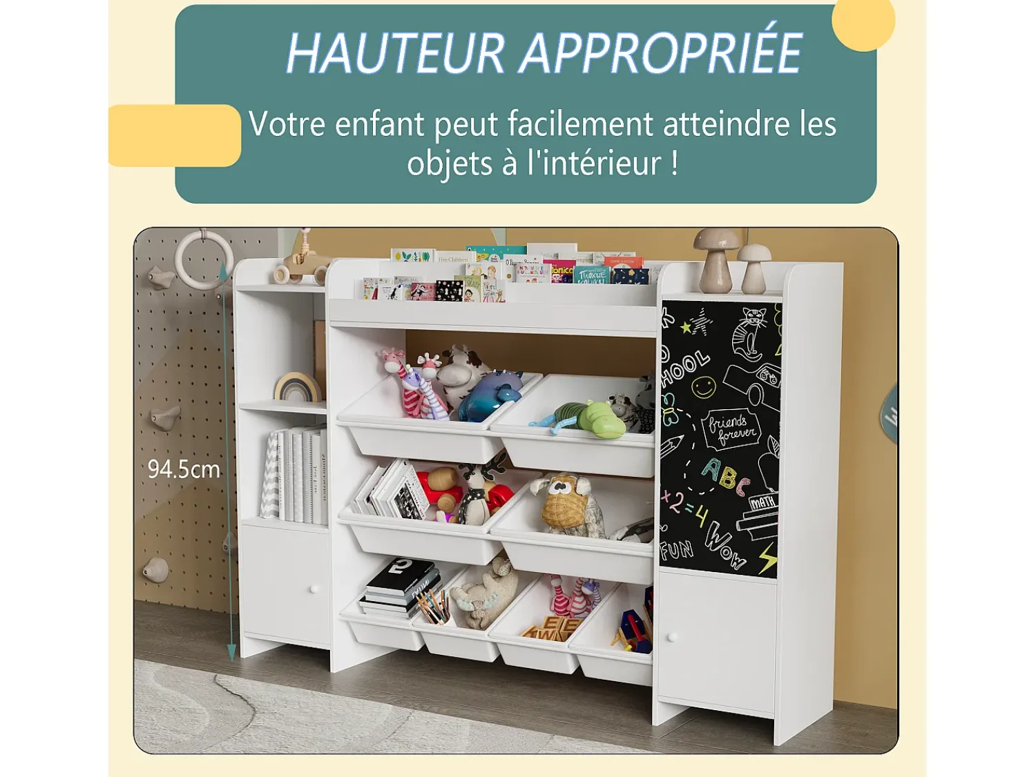 Clearance Estante multifuncional infantil - baú de armazenamento, prateleiras, prancheta, 137x94,5 cm Preto