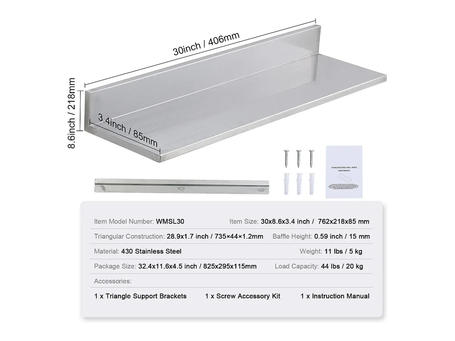 Hot Estante Mural SucceBuy em Aço Inox 30 x 8,6 para Cozinha E Restaurante Prateado