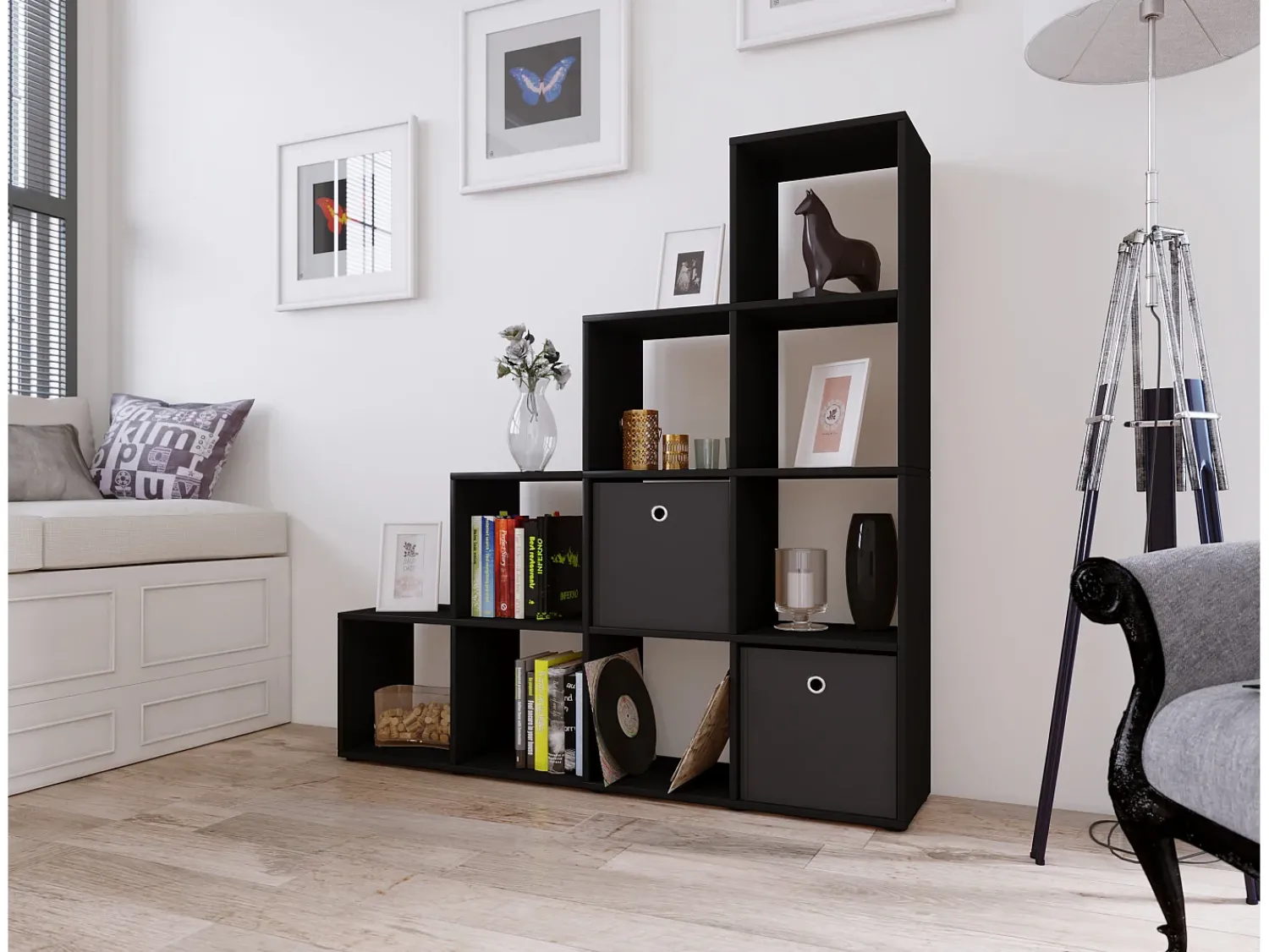 Prateleira|VCM Estante Napoli Preto A. 139 x L. 143 x P. 29 cm Multicor