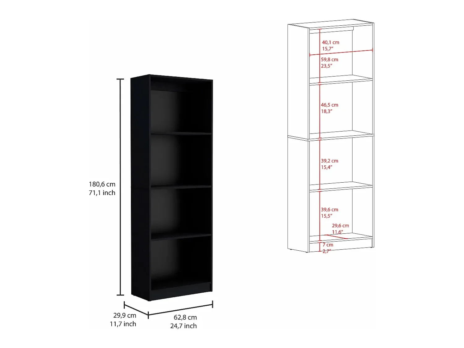 Outlet TuHome Estante para escritório em casa em melamina com 4 prateleiras abertas, 180.59 cm X 62.73 cm X 29.71 cm , Preto
