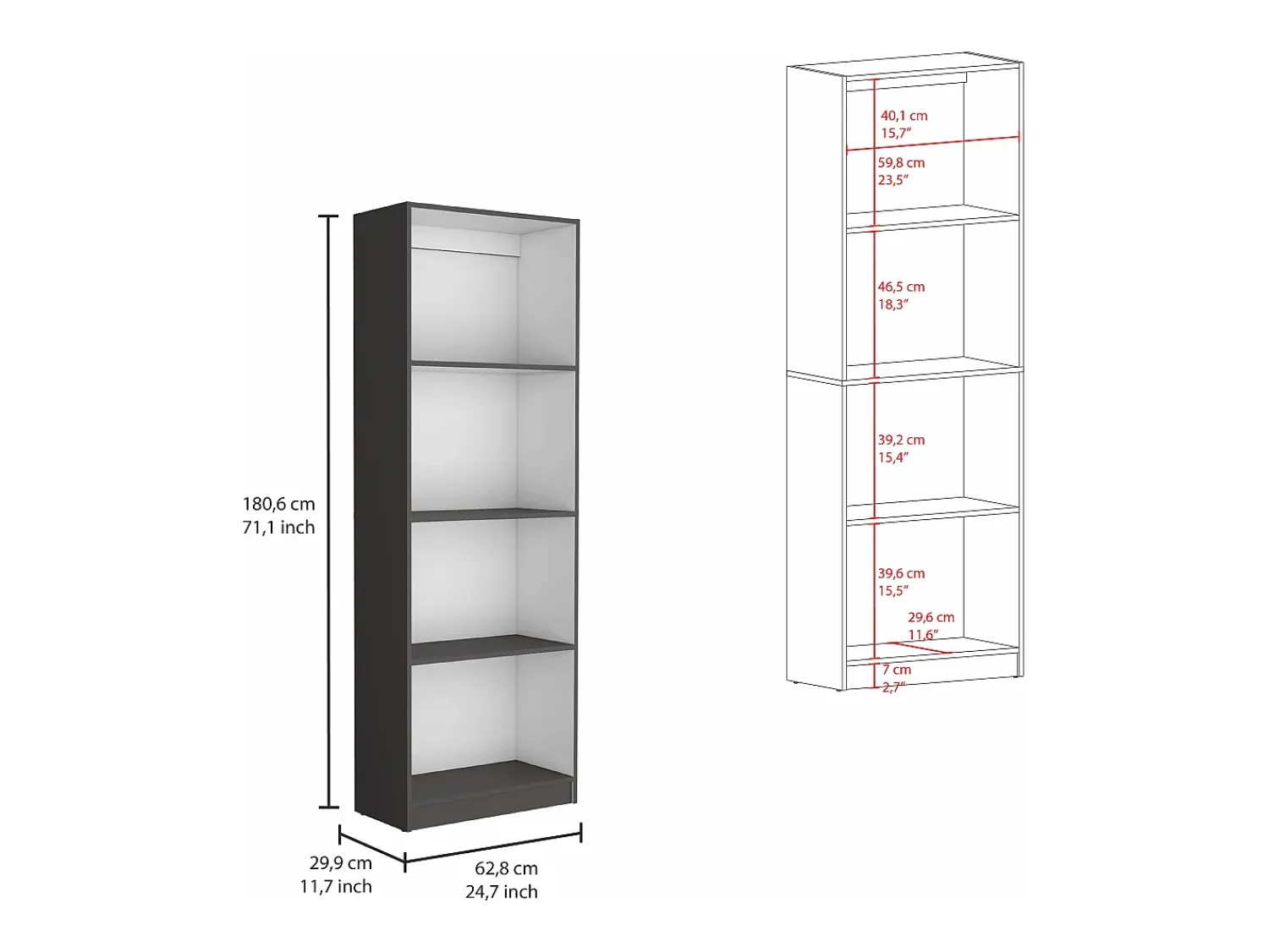 Biblioteca*TuHome Estante para escritório em casa em melamina com 4 prateleiras abertas , 180.59 cm X 62.73 cm X 29.71 cm , Multicolor Cinzento / Branco
