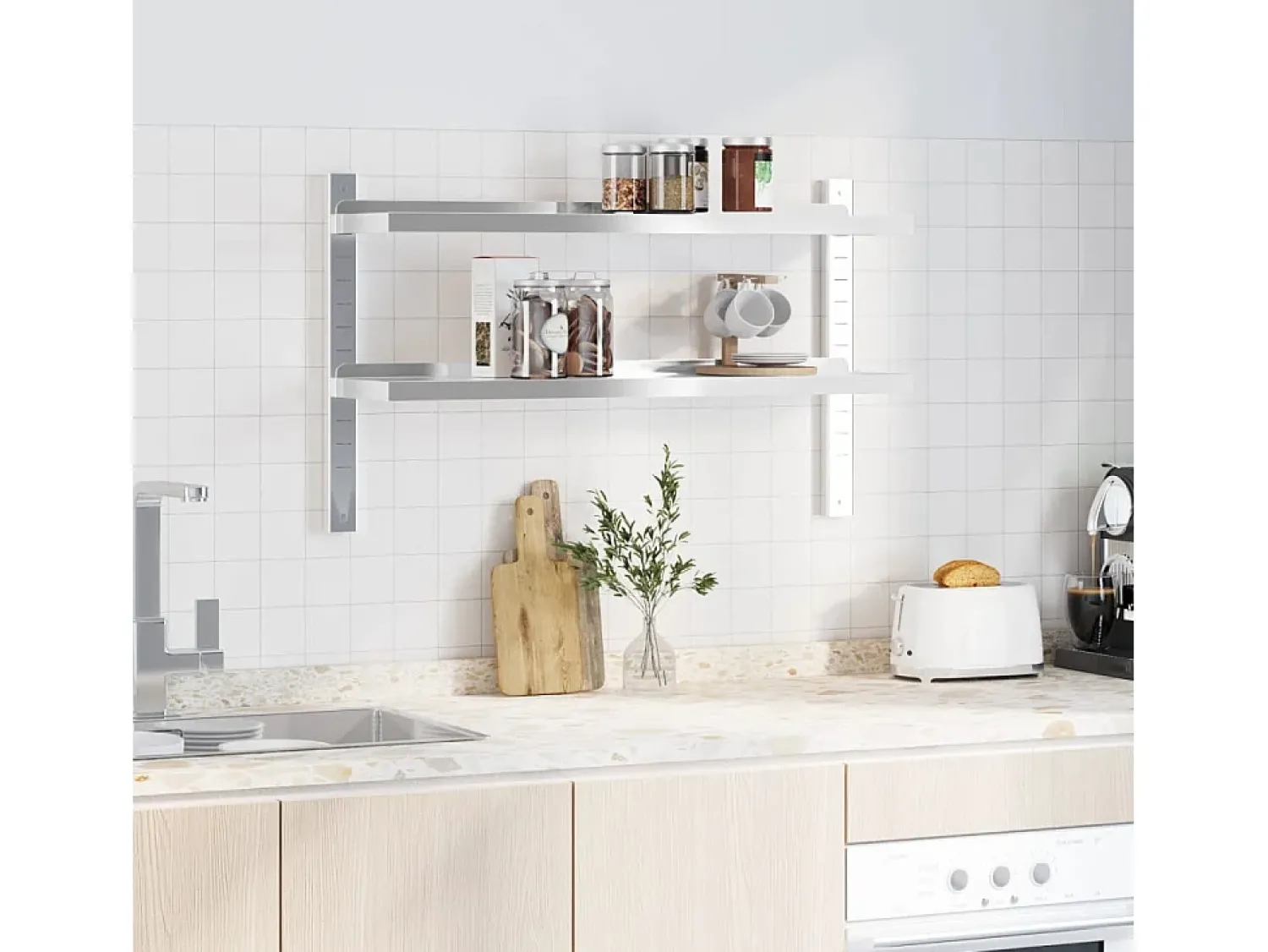 Prateleira| Estante parede 2 prateleiras 100x23,5x60cm aço inoxidável prata PT658574 Prateado