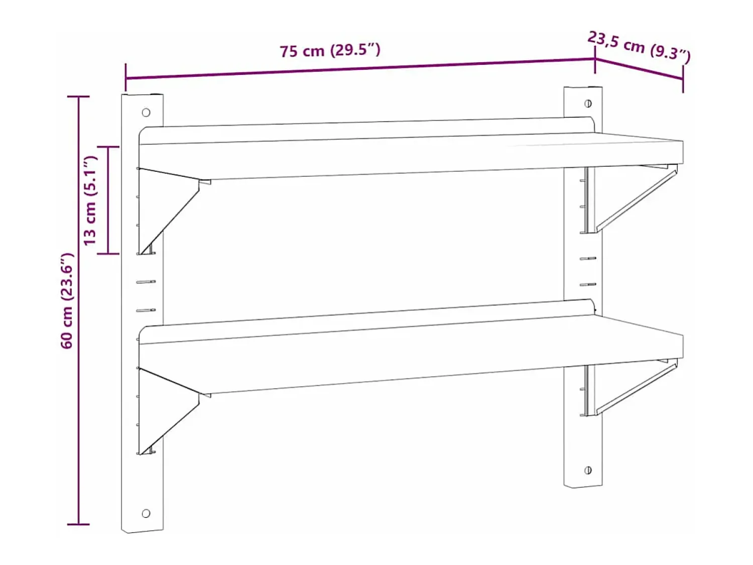 Online vidaxl Estante parede 2 prateleiras 75x23,5x60 cm aço inoxidável prata Prateado