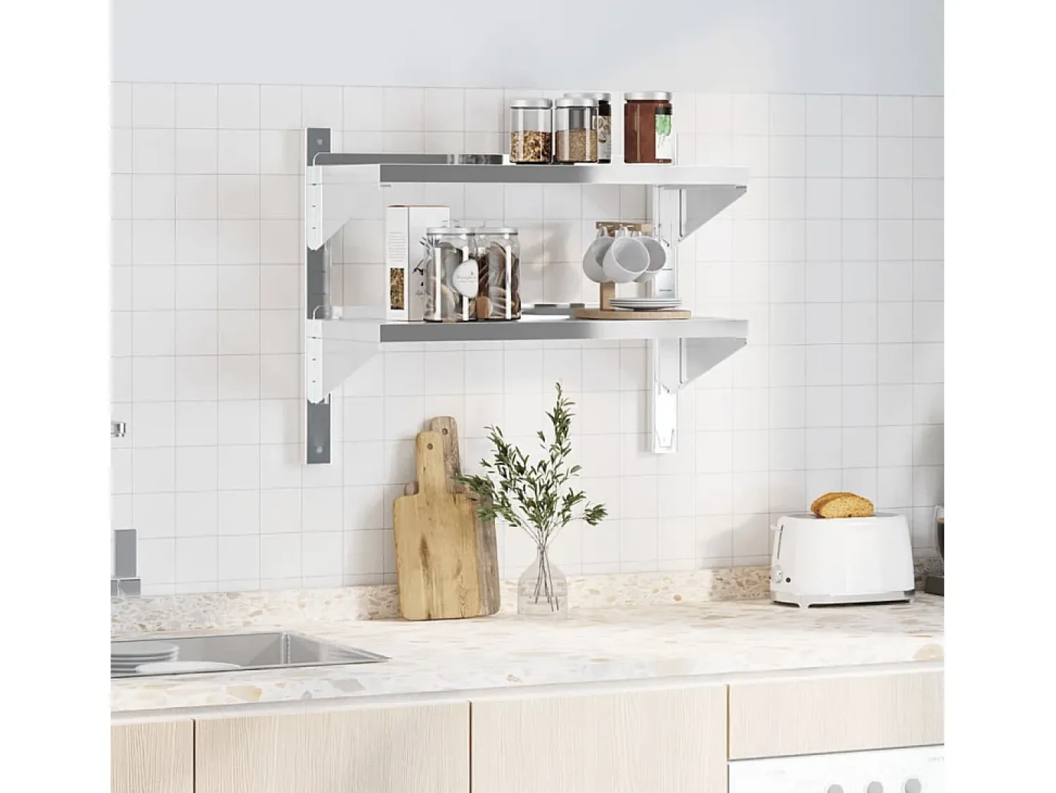 Best Estante parede 2 prateleiras 75x30x60 cm aço inoxidável prata PT165516 Prateado