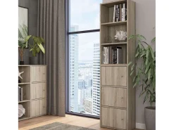 Biblioteca* Estante Plea: 1 armário com 3 portas e 1 prateleira com 3 níveis, 184x42x29 cm Castanho
