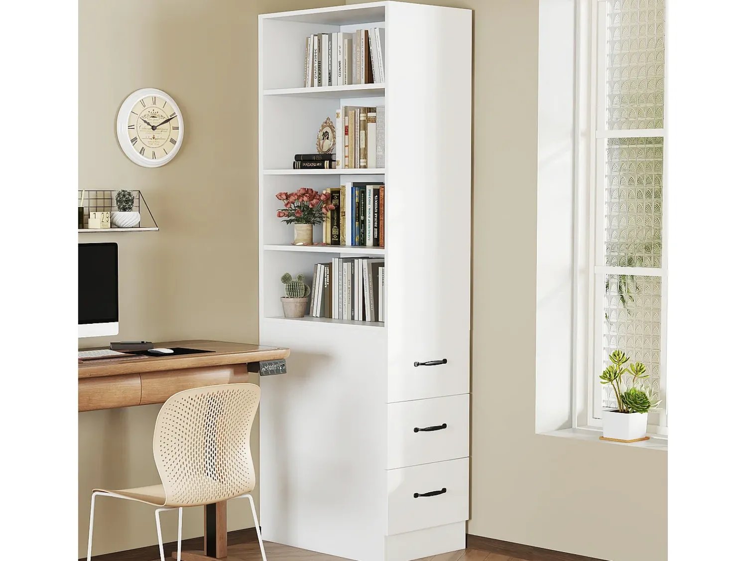 ModernLuxe Estante 60x38x180 cm - Lados esquerdo e direito intercambiáveis - Com 3 gavetas - Prateleiras ajustáveis -^ Biblioteca