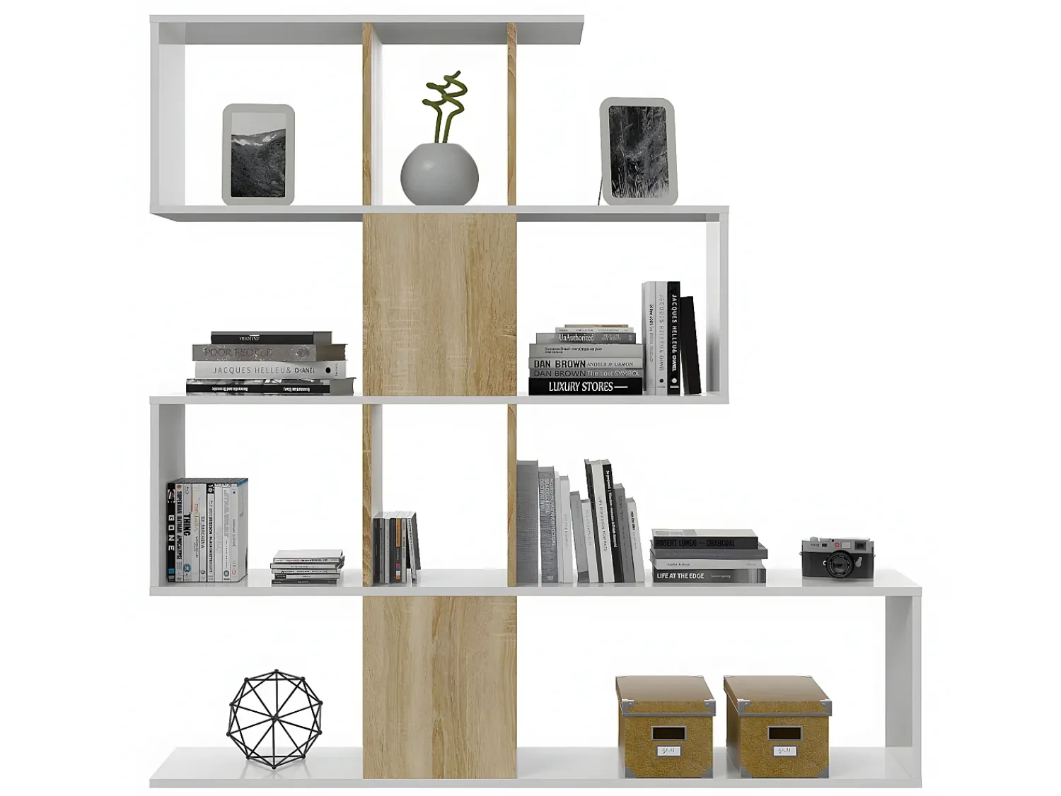 Biblioteca|Calicosy Estante zigue-zague em carvalho canadense e branco artik, 145x28x145 cm Bege