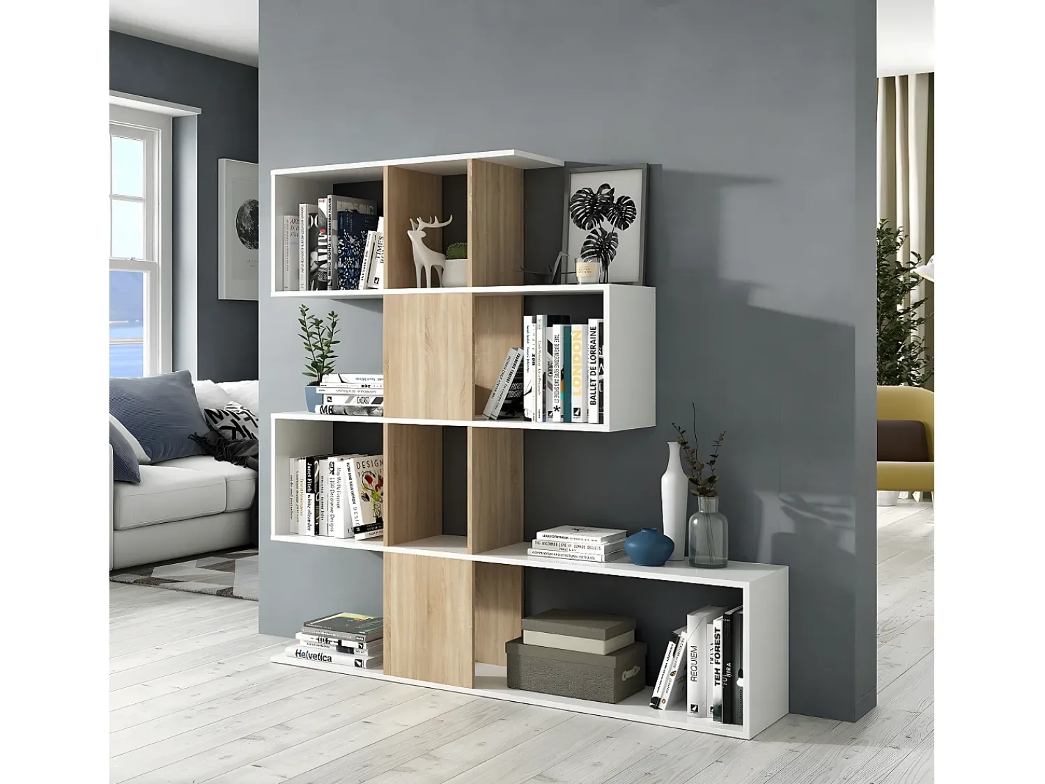 Biblioteca|Calicosy Estante zigue-zague em carvalho canadense e branco artik, 145x28x145 cm Bege