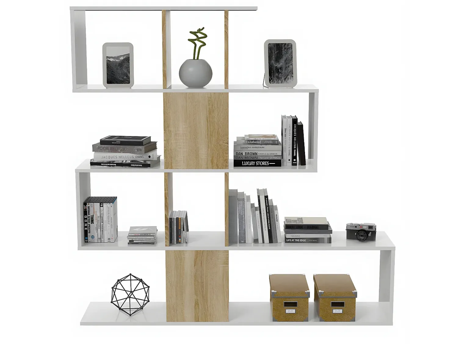 Biblioteca|Calicosy Estante zigue-zague em carvalho canadense e branco artik, 145x28x145 cm Bege
