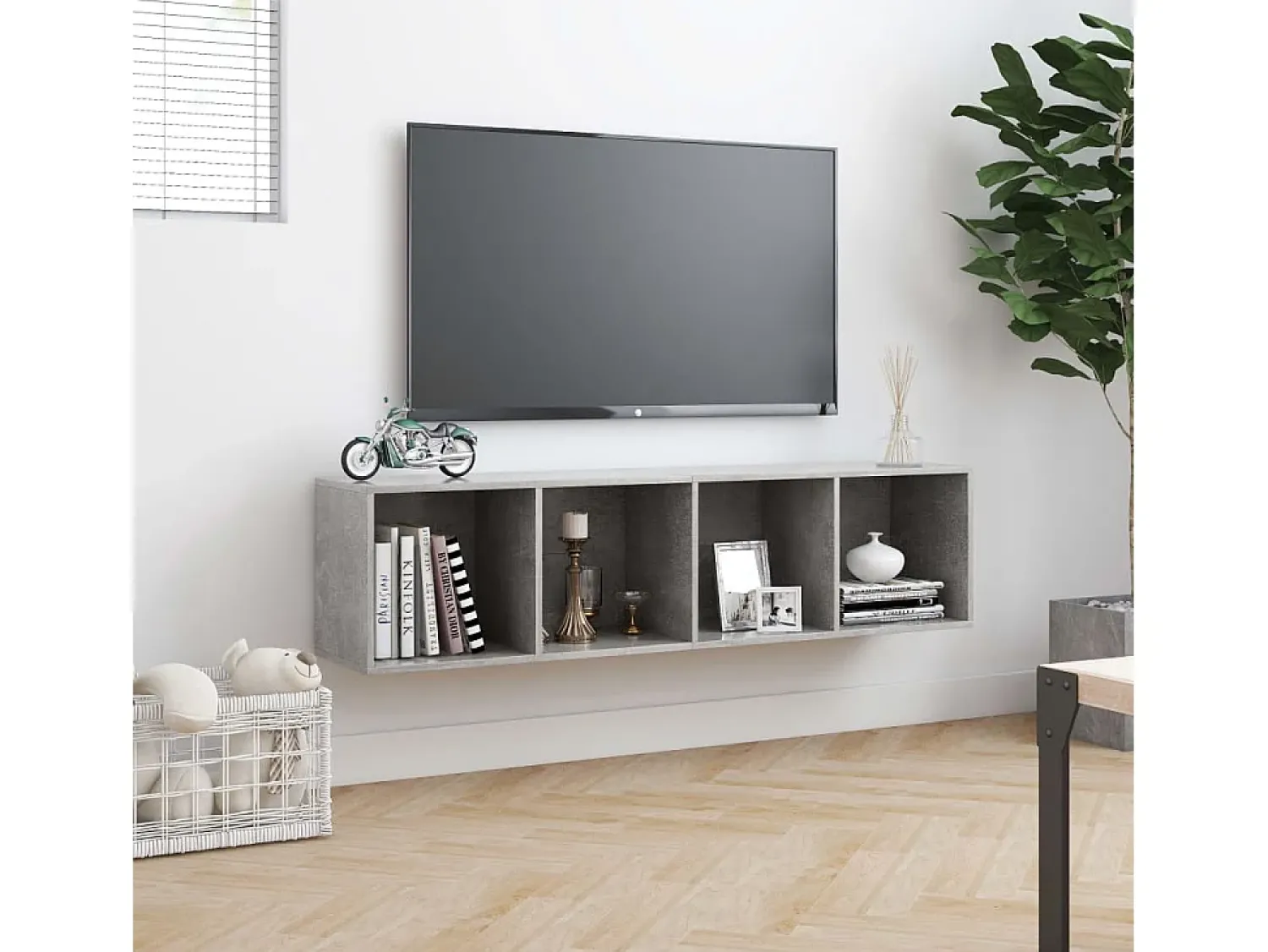 Estante/móvel de TV 143x30x36 cm contraplacado cimento PT241207^ Biblioteca