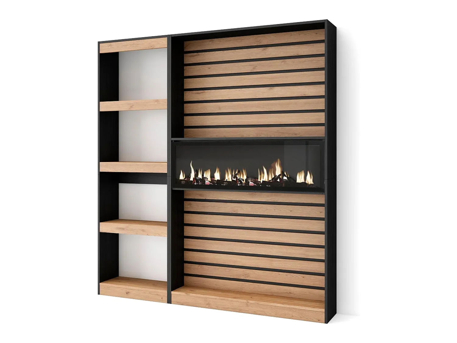 Hot Skraut Home Estantes de prateleiras, 170x25x186cm, Sala de estar - Escritório, Lareira eléctrica, Carvahlo e preto Natural claro