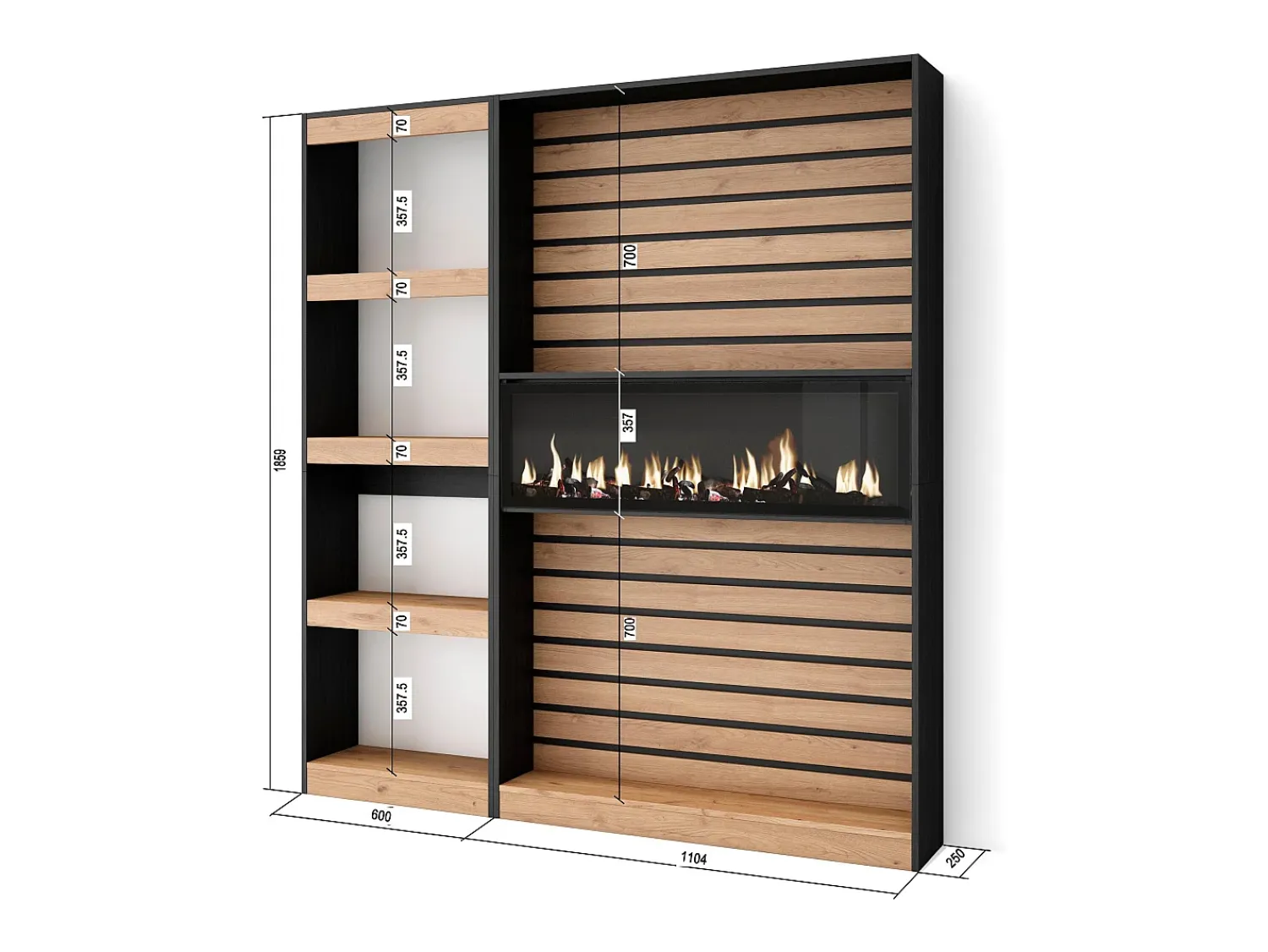 Hot Skraut Home Estantes de prateleiras, 170x25x186cm, Sala de estar - Escritório, Lareira eléctrica, Carvahlo e preto Natural claro