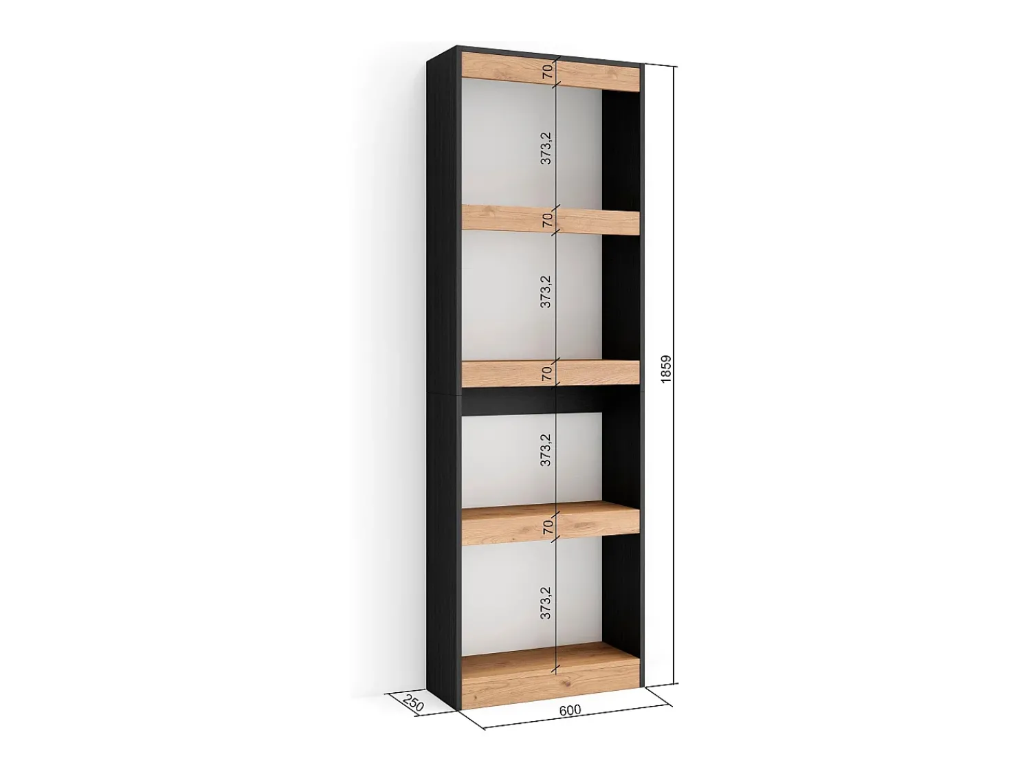Biblioteca|Skraut Home Estantes de prateleiras, 60x25x186cm, Sala de estar - Escritório, Sala de jantar, Carvahlo e preto Natural claro