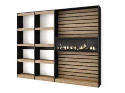 Biblioteca*Skraut Home Estantes de prateleiras, 230x25x186cm, Sala de estar - Escritório, Lareira eléctrica, Carvahlo e preto Natural claro